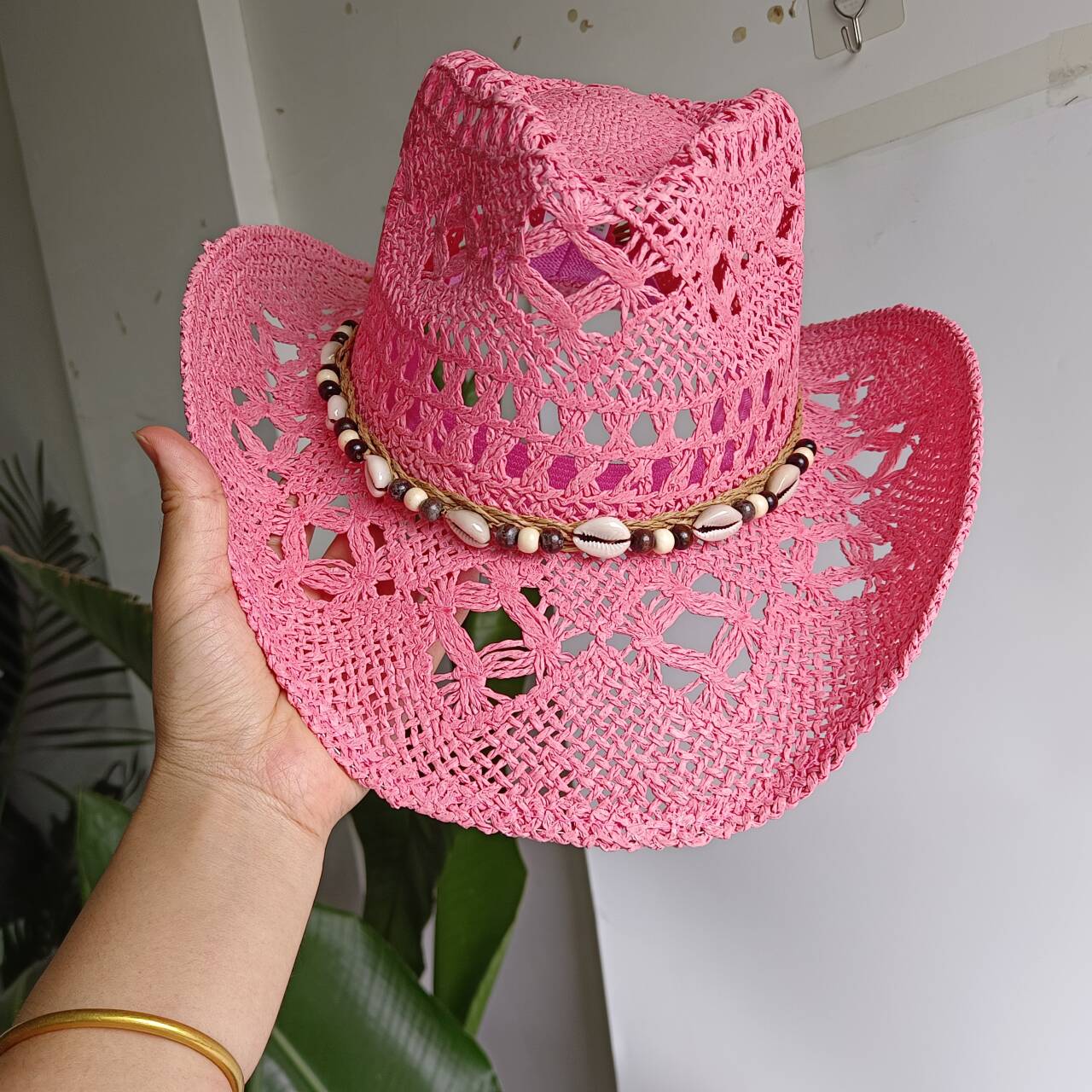 Pink Cowboy straw hat  hollow  - Paper Straw Color review and price